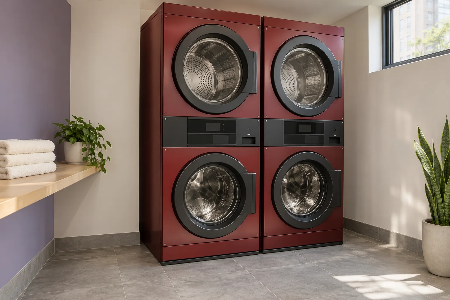 Two burgundy stacked washer and dryer towers in a bright residential laundry room.