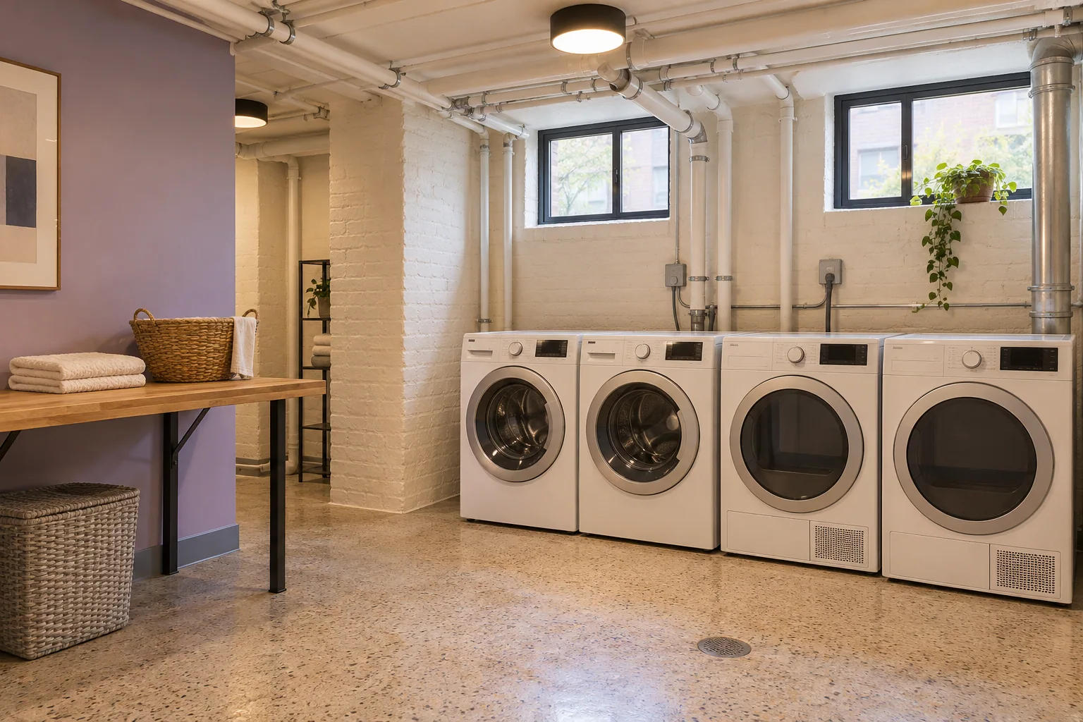 Illustrative bright apartment-building laundry room with washers, dryers and a folding counter