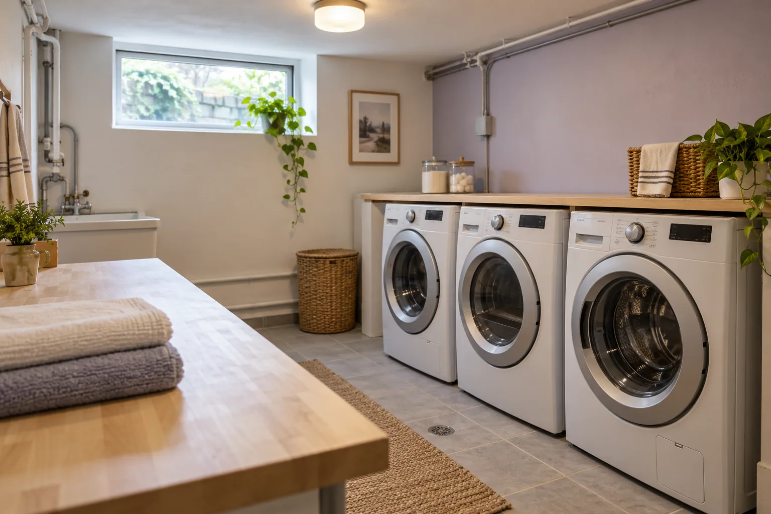 Illustrative residential laundry room with appliances and a folding counter