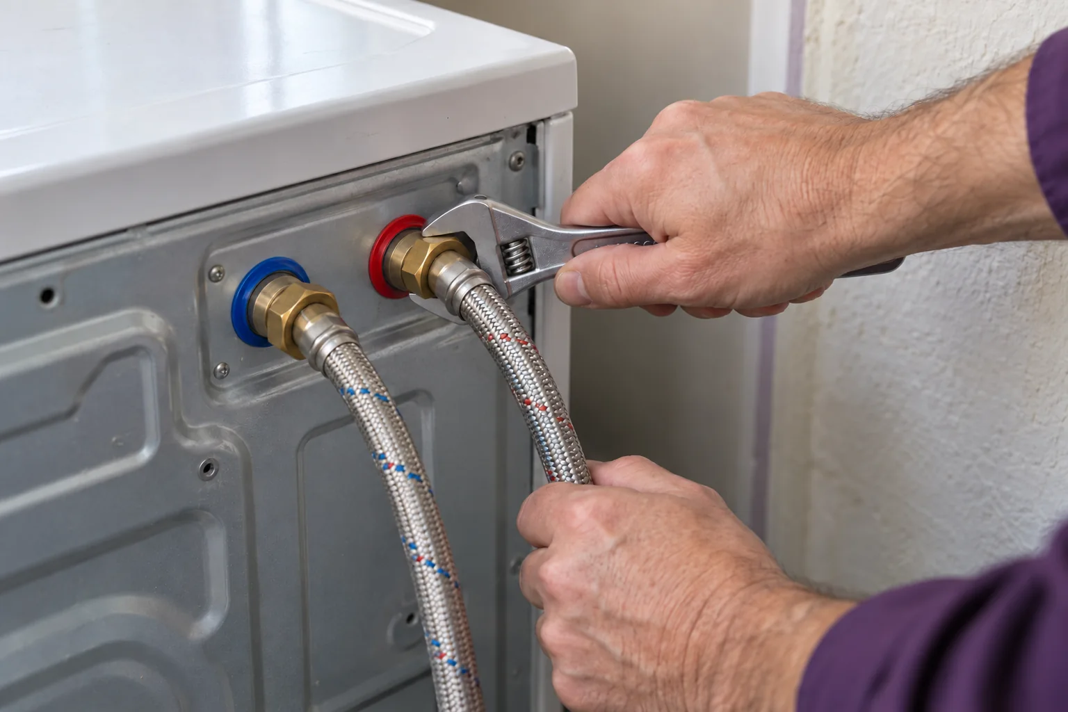 Technician checking a washing machine’s rear water hose connection with an adjustable wrench.