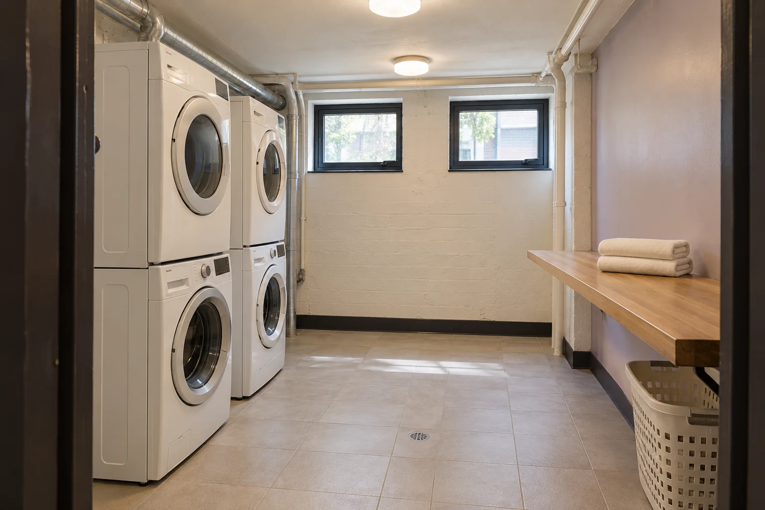 Apartment laundry room with stacked washers and dryers, a folding counter and a clear aisle.