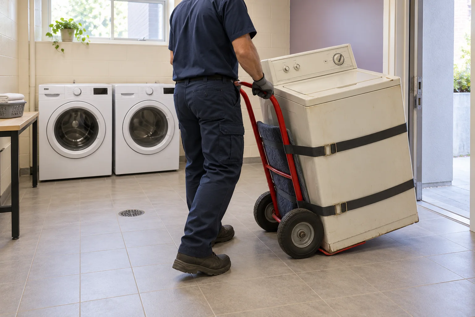 A technician moving an older washer on an appliance dolly past two new laundry machines.